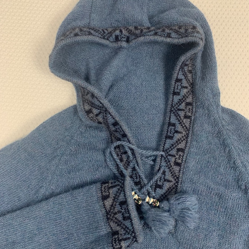 Alpaca Wool Hooded Sweater Womens Blue Beaded Tassel Lace Up Pullover S